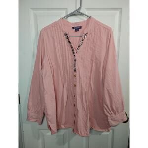 Romans Woman 18W Pink Blouse V Neck Pullover Pleated Rhinestone Casual Wear Top
